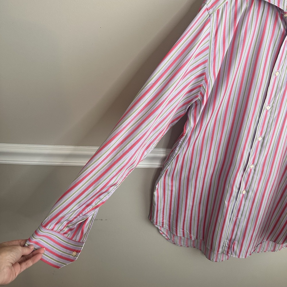ETRO Mens Pink Green Striped Button Up Shirt IT 44 US XL Preppy Office Business - Picture 2 of 6